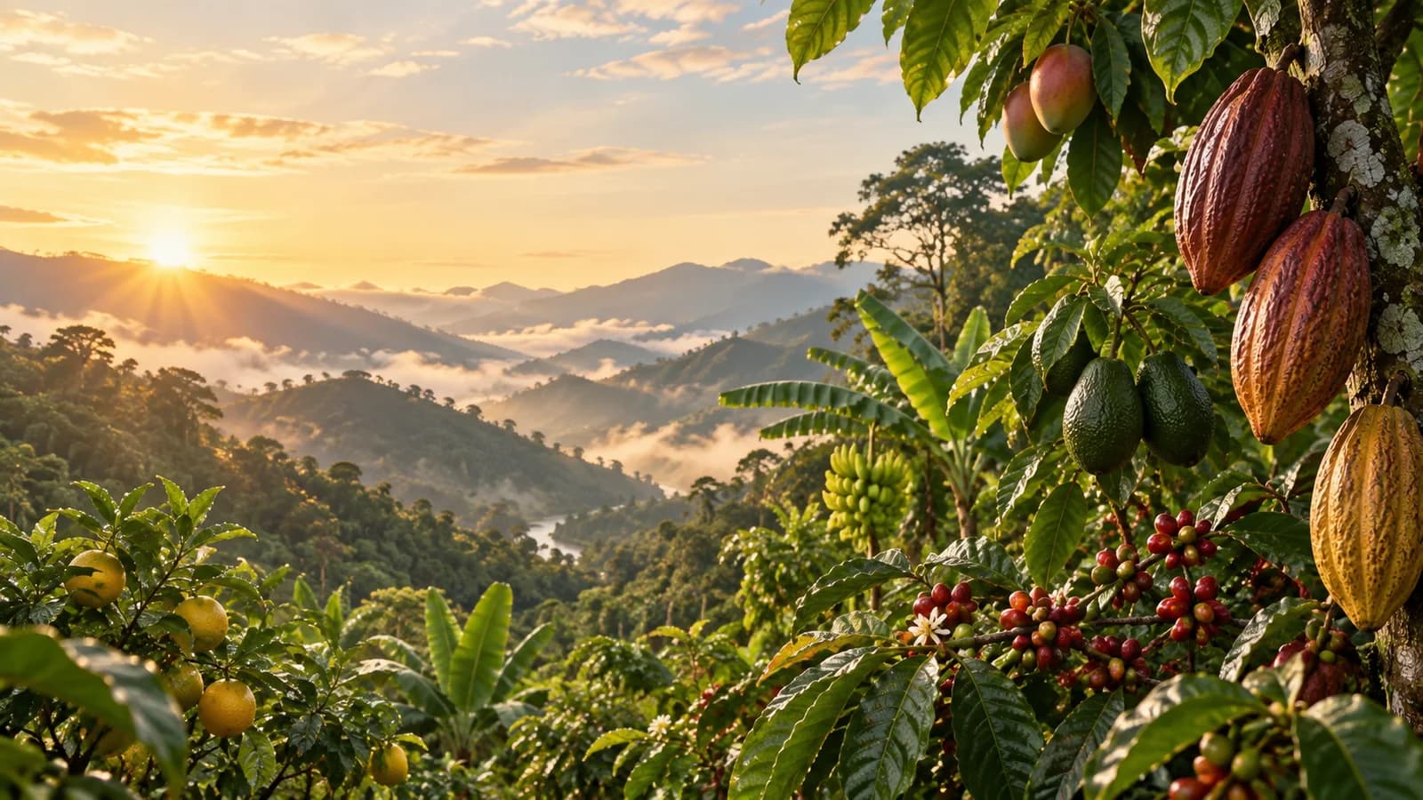 Cultivos de cacao, café, plátano y frutas frente a las montañas de la selva peruana