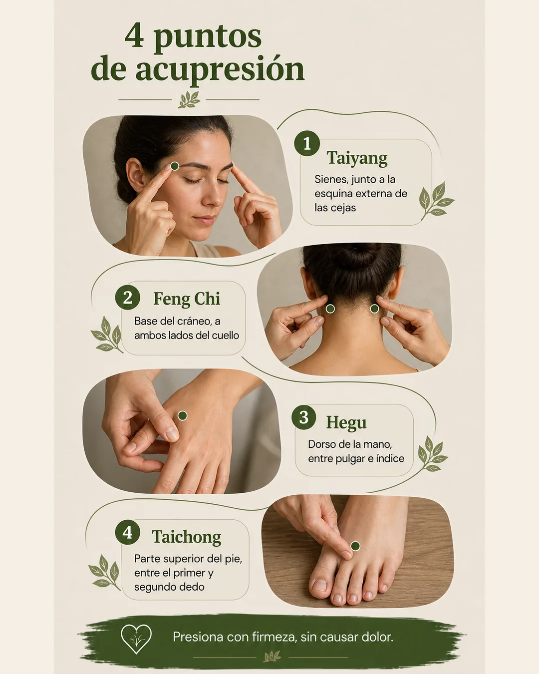 Ubicación visual de cuatro puntos de acupresión: Taiyang en las sienes, Feng Chi en la base del cráneo, Hegu en la mano y Taichong en el pie