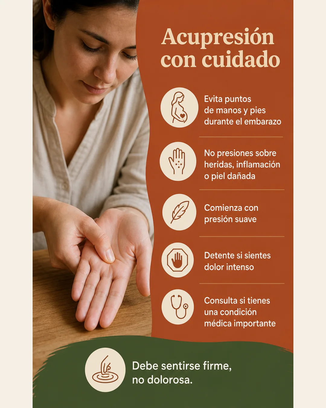 Precauciones para practicar acupresión durante el embarazo y sobre piel dañada, y recomendaciones sobre la intensidad de la presión