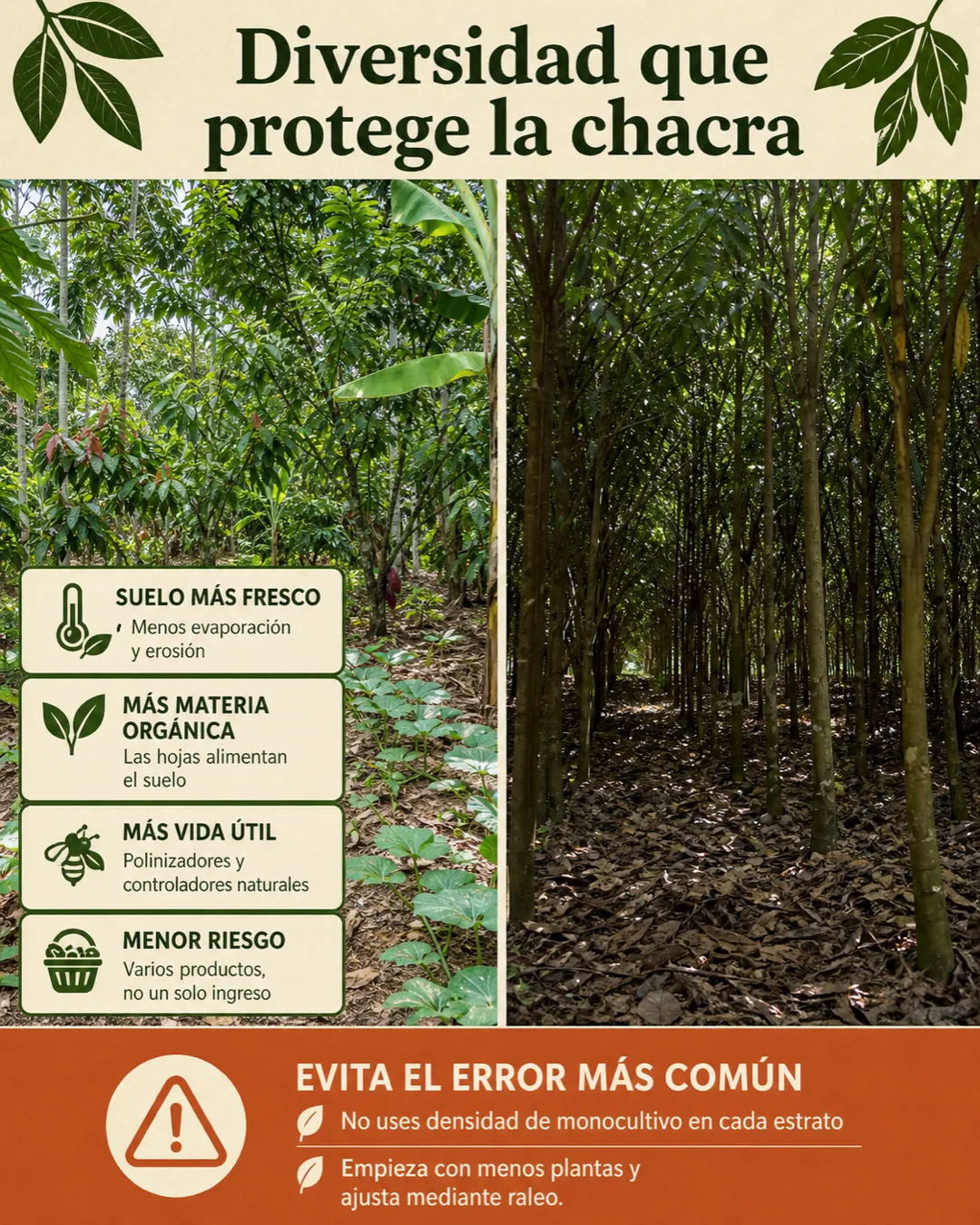 Beneficios de una chacra agroforestal bien manejada y advertencia sobre usar densidades de monocultivo en cada estrato