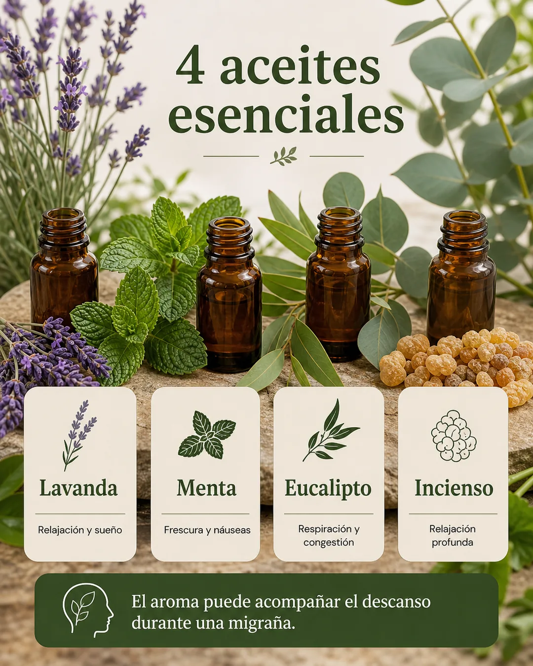 Cuatro aceites esenciales mencionados en la guía: lavanda, menta, eucalipto e incienso, con una función principal resumida