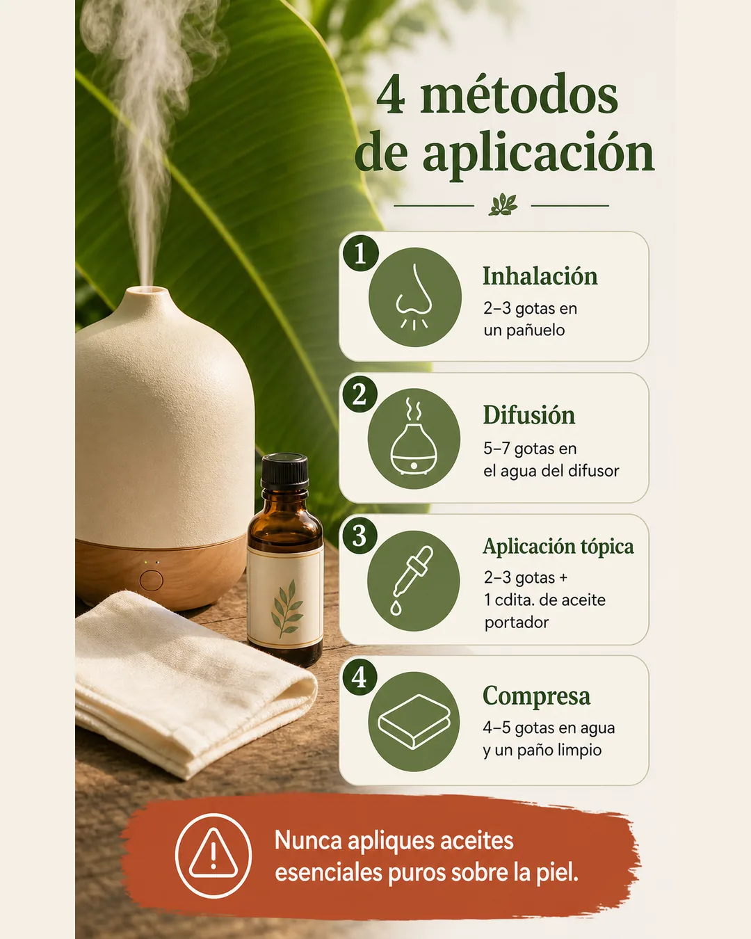 Cuatro métodos de aplicación de aceites esenciales: inhalación, difusión, uso tópico diluido y compresa
