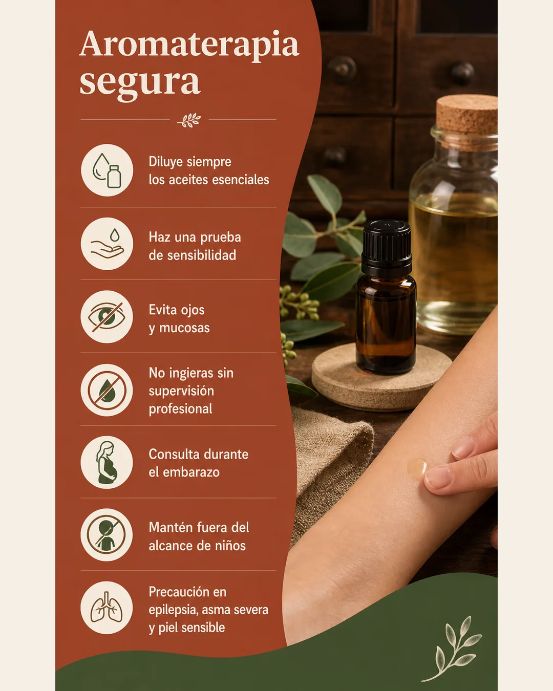 Reglas para usar aceites esenciales con seguridad: dilución, prueba de sensibilidad, evitar ojos e ingestión, consulta en embarazo y precauciones especiales