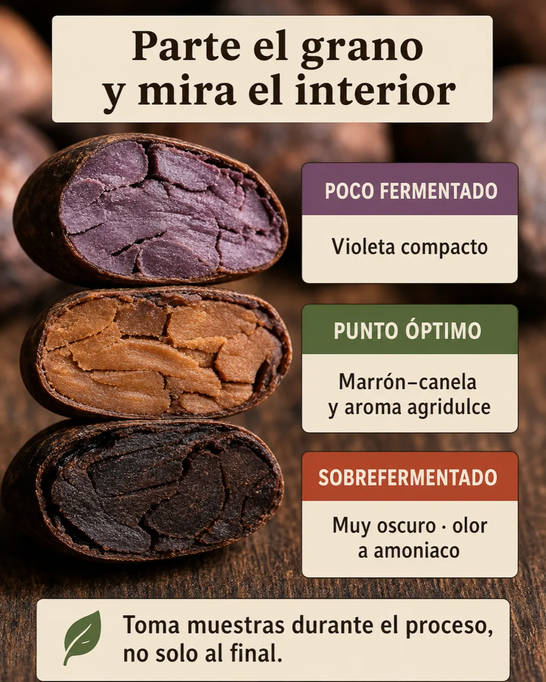 Prueba de corte de cacao poco fermentado, en punto óptimo y sobrefermentado según el color interior del grano