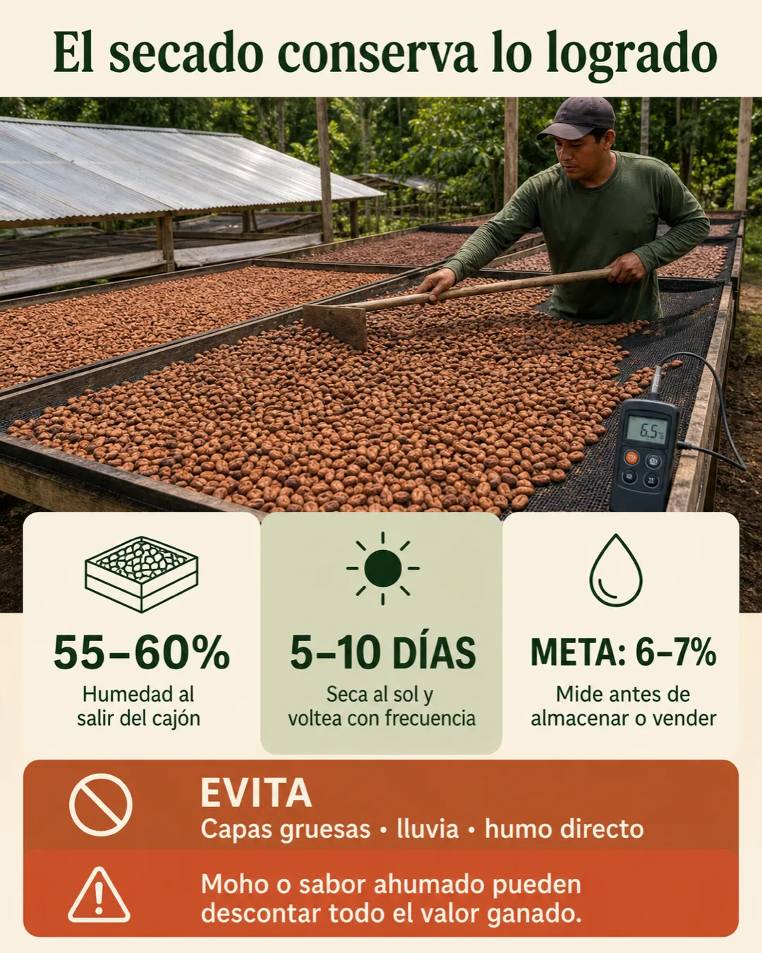 Secado del cacao desde 55 a 60 por ciento de humedad hasta una meta final de 6 a 7 por ciento, evitando capas gruesas, lluvia y humo directo