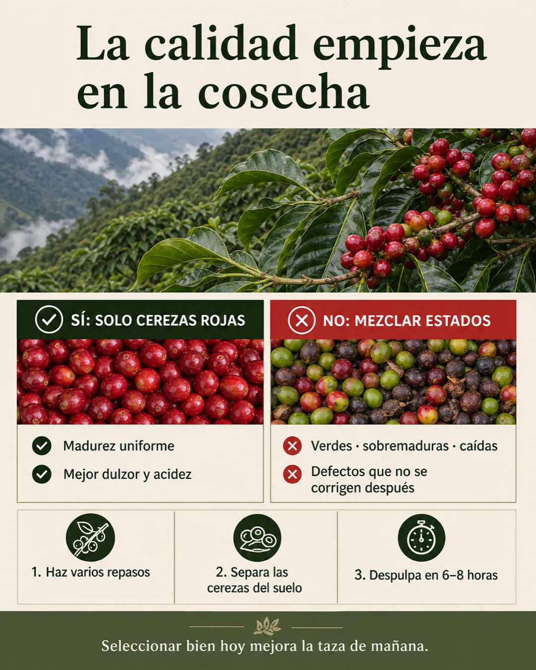 Comparación entre cosecha selectiva de cerezas rojas maduras y mezcla de cerezas verdes, sobremaduras y caídas, con tres prácticas para conservar la calidad