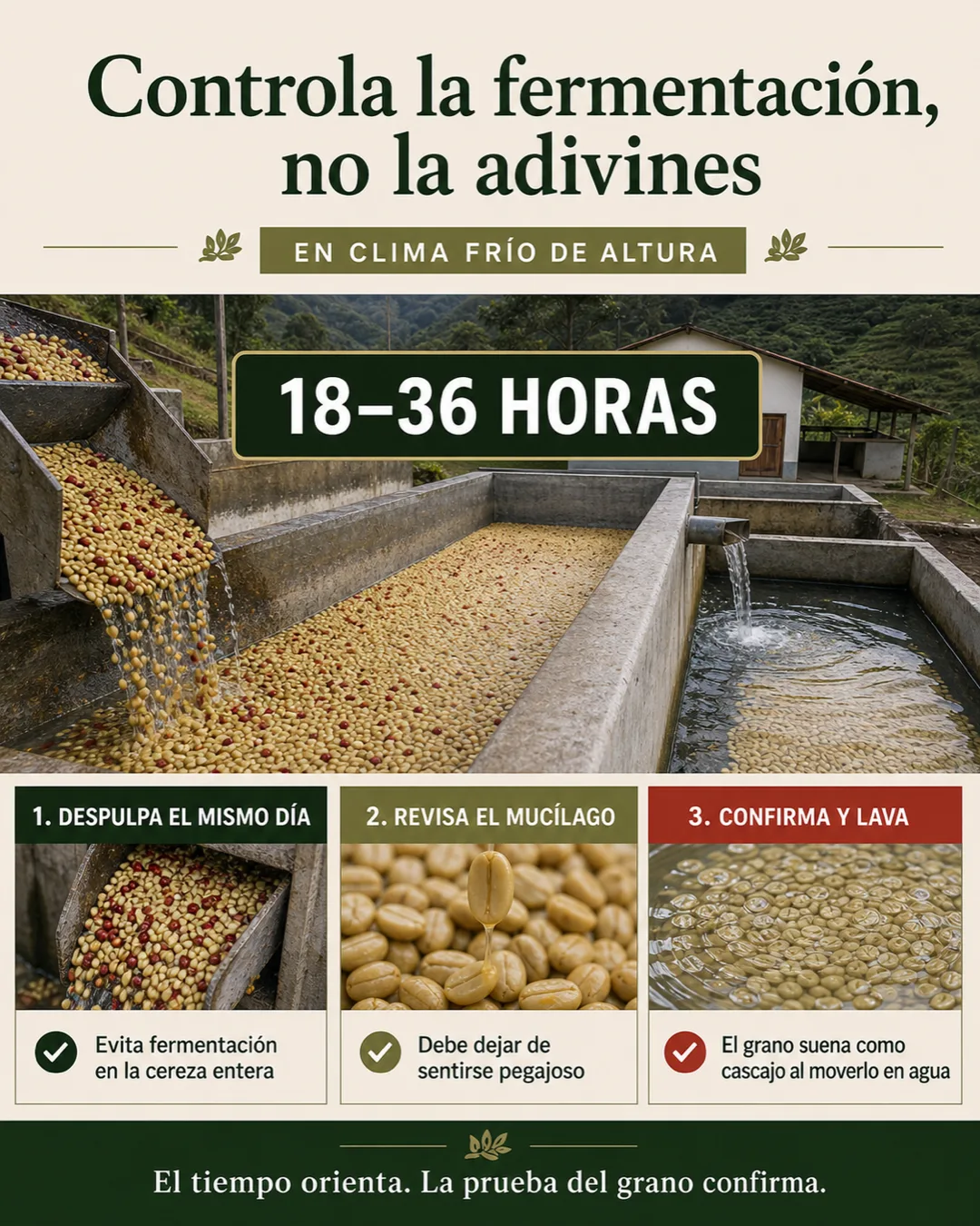 Infografía del control de fermentación del café de altura durante 18 a 36 horas, desde el despulpado hasta la prueba del grano y el lavado