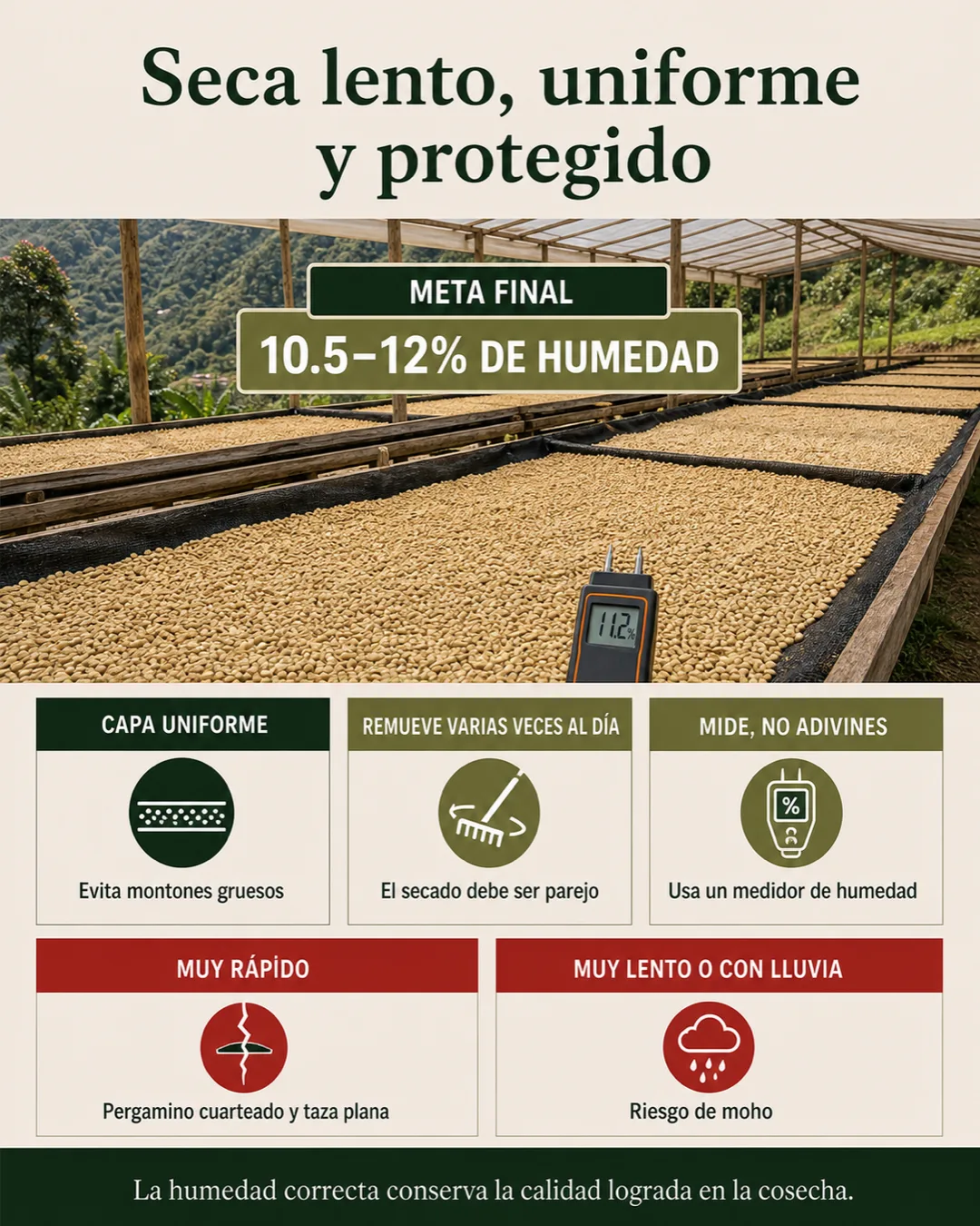 Buenas prácticas para secar café pergamino lentamente y de forma uniforme hasta alcanzar entre 10.5% y 12% de humedad