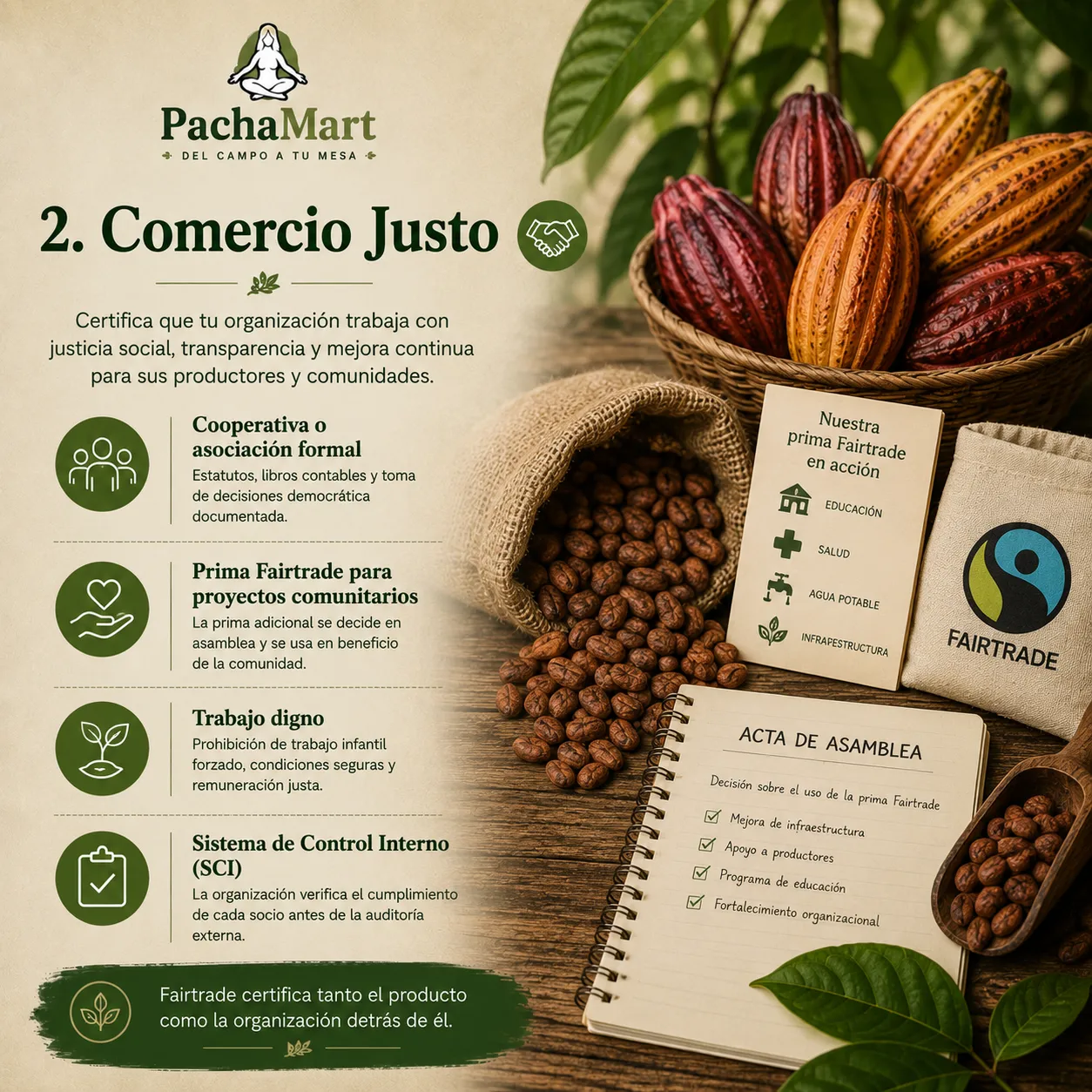 Infografía de certificación de Comercio Justo (Fairtrade): cooperativa o asociación formal, prima Fairtrade para proyectos comunitarios, trabajo digno y sistema de control interno