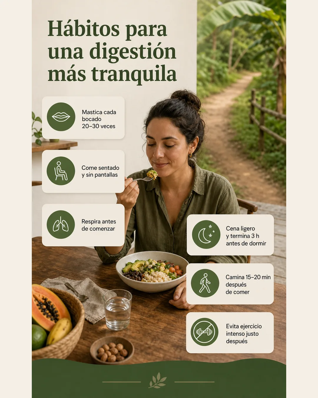 Hábitos para una digestión tranquila: masticar despacio, comer sin pantallas, respirar, cenar ligero y caminar después de comer