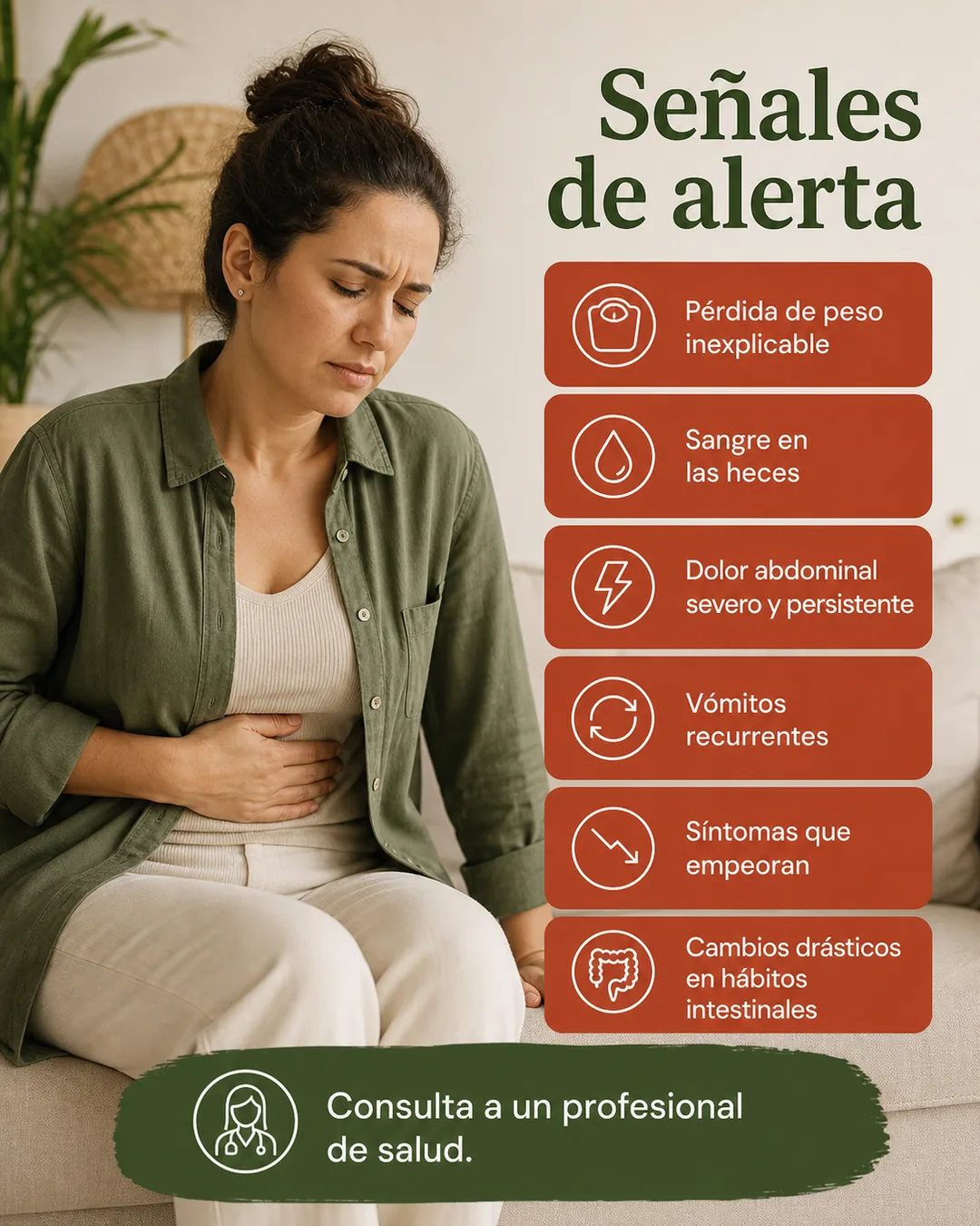 Señales de alerta digestiva: pérdida de peso, sangre en heces, dolor severo, vómitos, empeoramiento o cambios intestinales drásticos