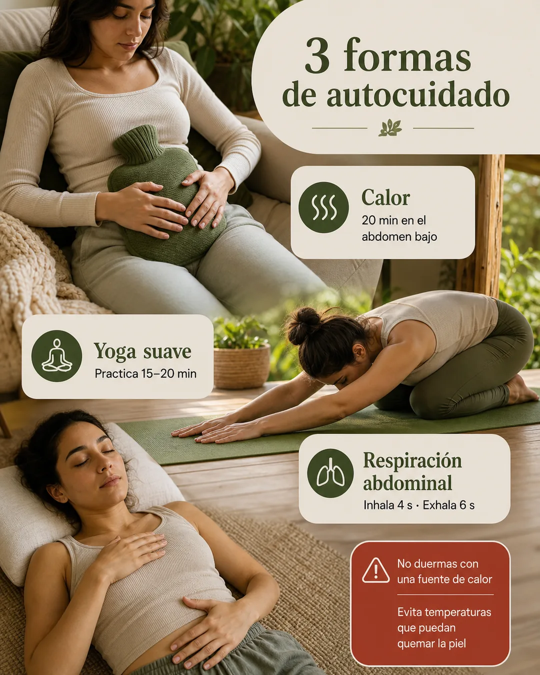 Tres prácticas de autocuidado para el dolor menstrual: calor durante 20 minutos, yoga suave y respiración abdominal 4-6