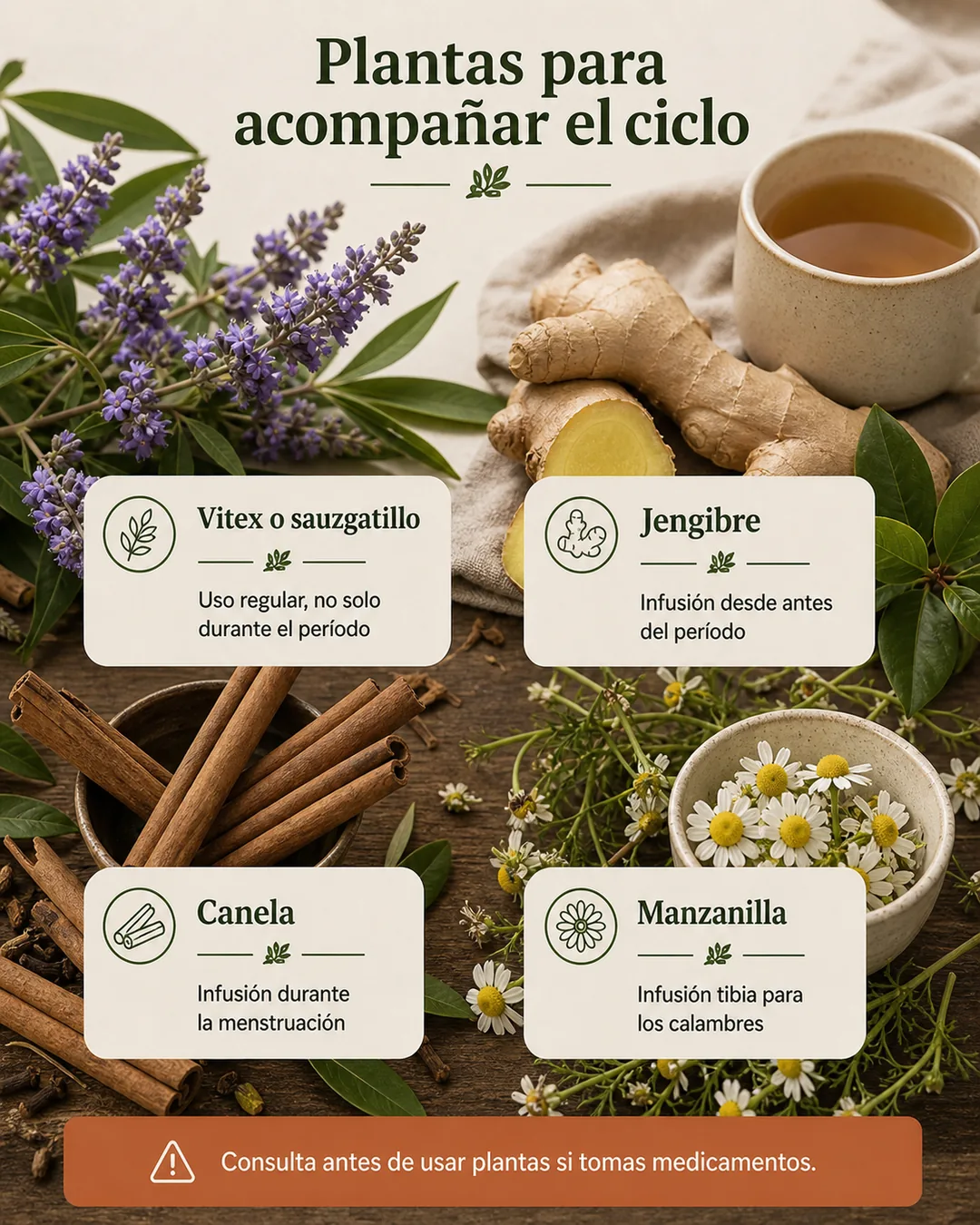 Vitex o sauzgatillo, jengibre, canela y manzanilla presentados con sus momentos de uso alrededor del ciclo menstrual
