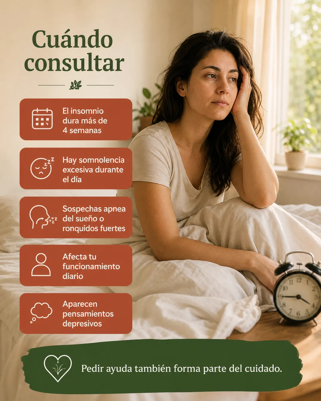Señales para consultar por insomnio: duración mayor a cuatro semanas, somnolencia diurna, posible apnea, afectación diaria o pensamientos depresivos