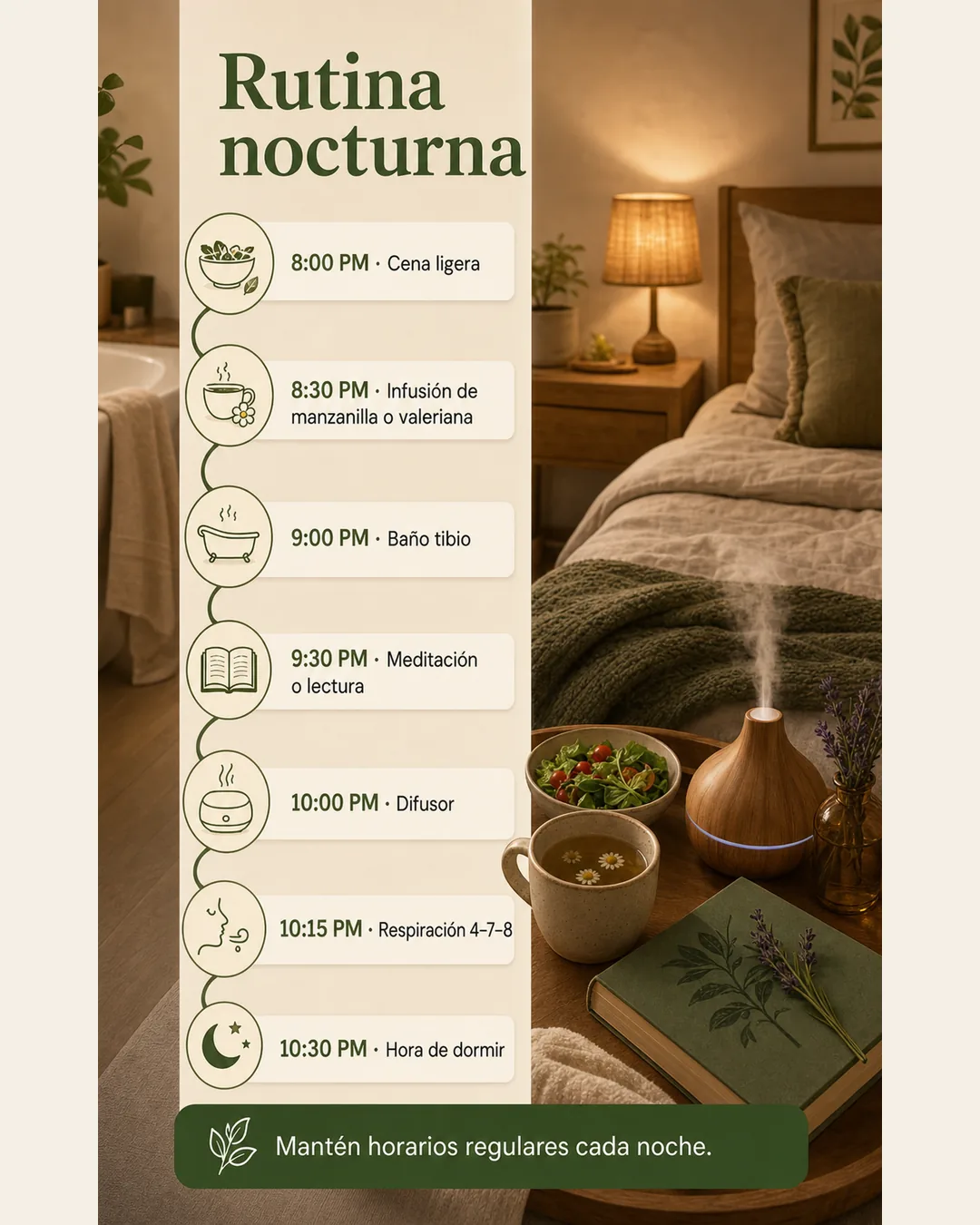 Línea de tiempo de una rutina nocturna desde una cena ligera a las 8 PM hasta dormir a las 10:30 PM