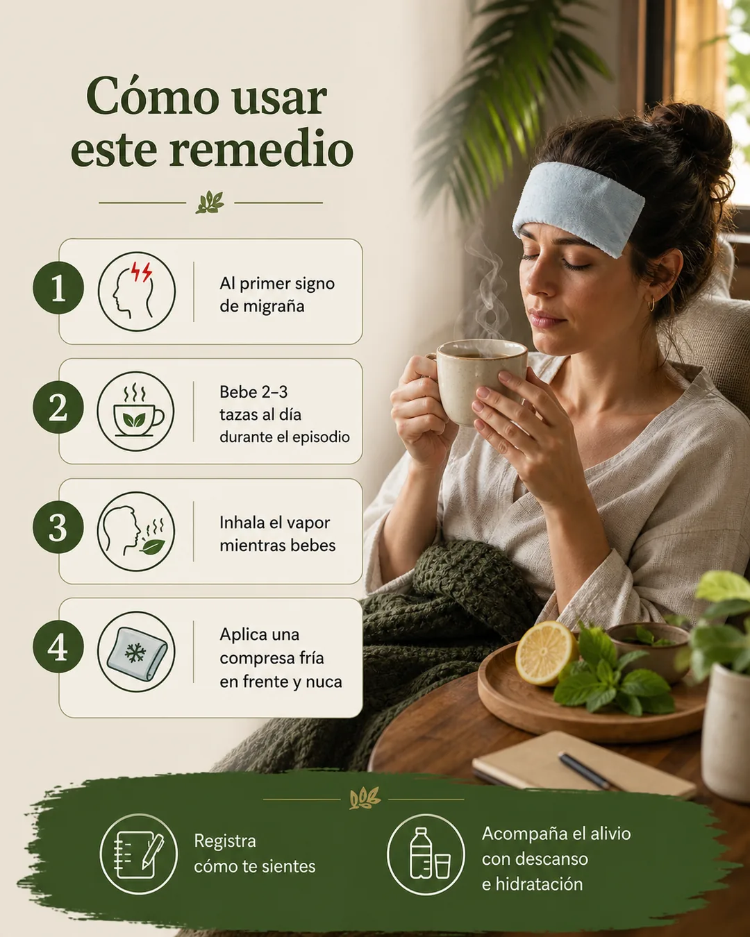 Persona descansando con una compresa fría y una taza de infusión, junto a indicaciones de uso durante un episodio de migraña