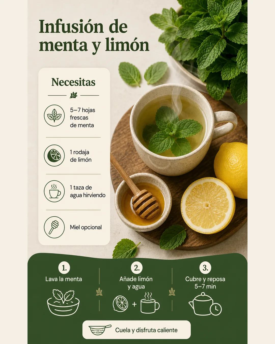 Infografía con los ingredientes y tres pasos para preparar una infusión de menta y limón: lavar la menta, añadir limón y agua, y reposar de 5 a 7 minutos