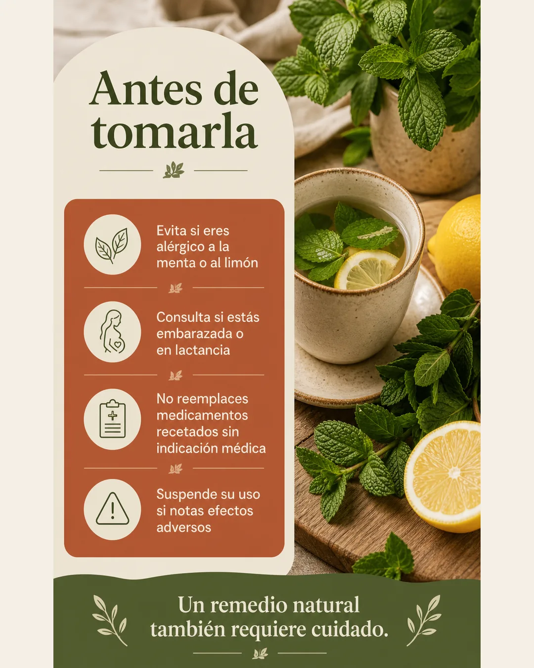 Precauciones antes de tomar infusión de menta y limón: alergias, embarazo o lactancia, medicamentos recetados y posibles efectos adversos