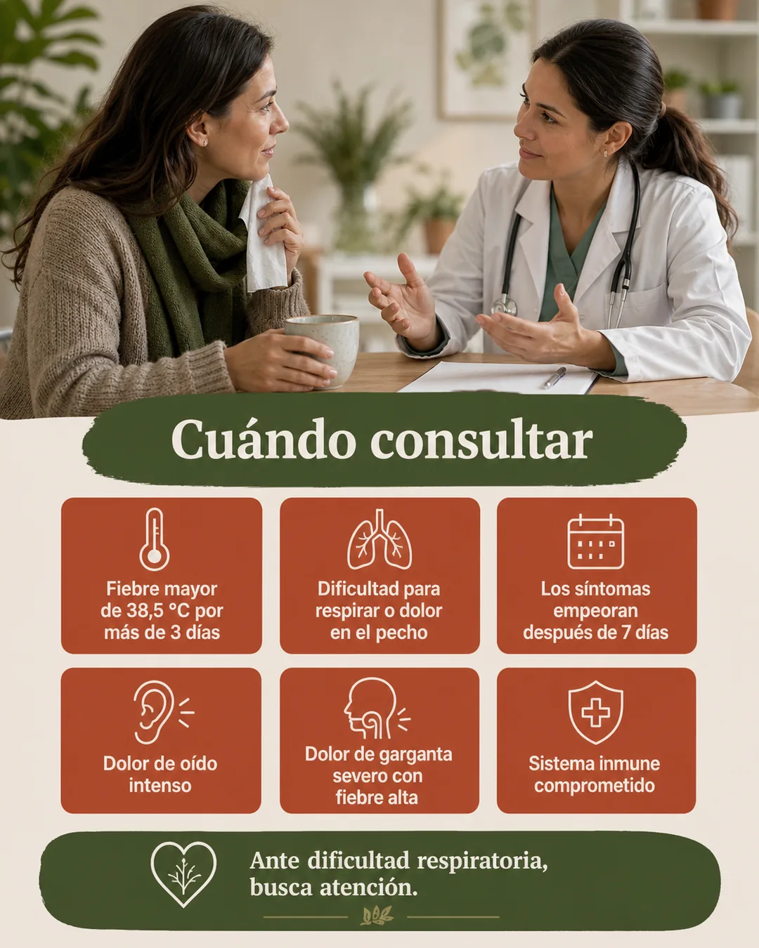 Señales para consultar durante un resfriado: fiebre prolongada, dificultad respiratoria, empeoramiento, dolor de oído o garganta y sistema inmune comprometido
