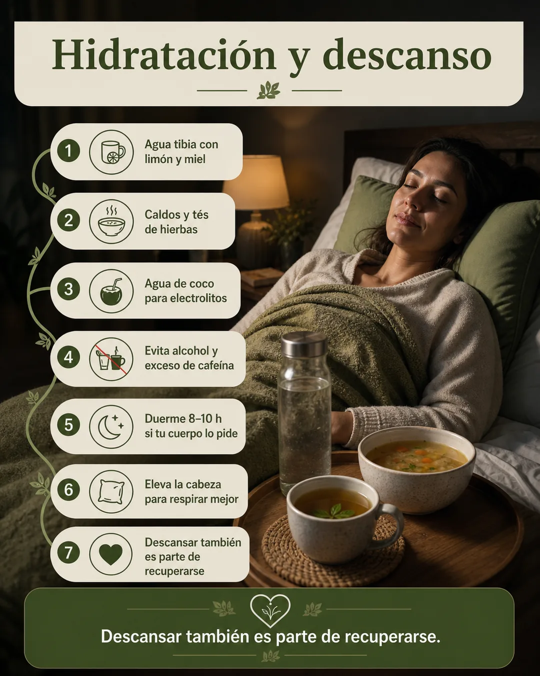 Plan de hidratación y descanso con agua tibia, caldos, té, agua de coco, sueño y cabeza elevada