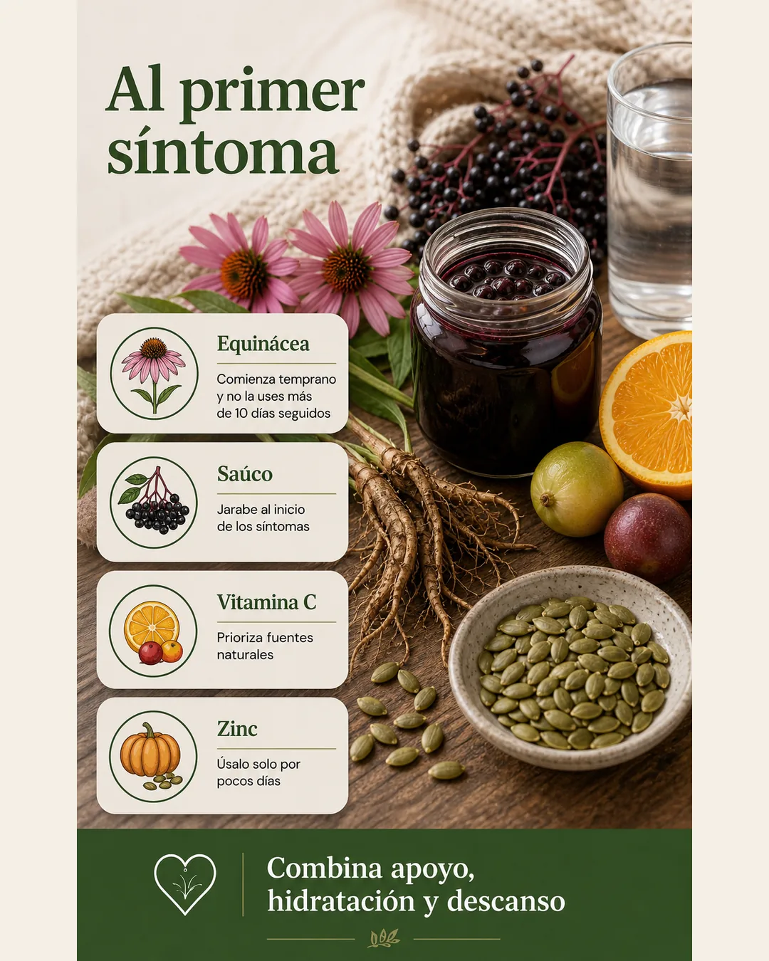 Equinácea, jarabe de saúco, fuentes naturales de vitamina C y semillas con zinc como apoyos al inicio de un resfriado