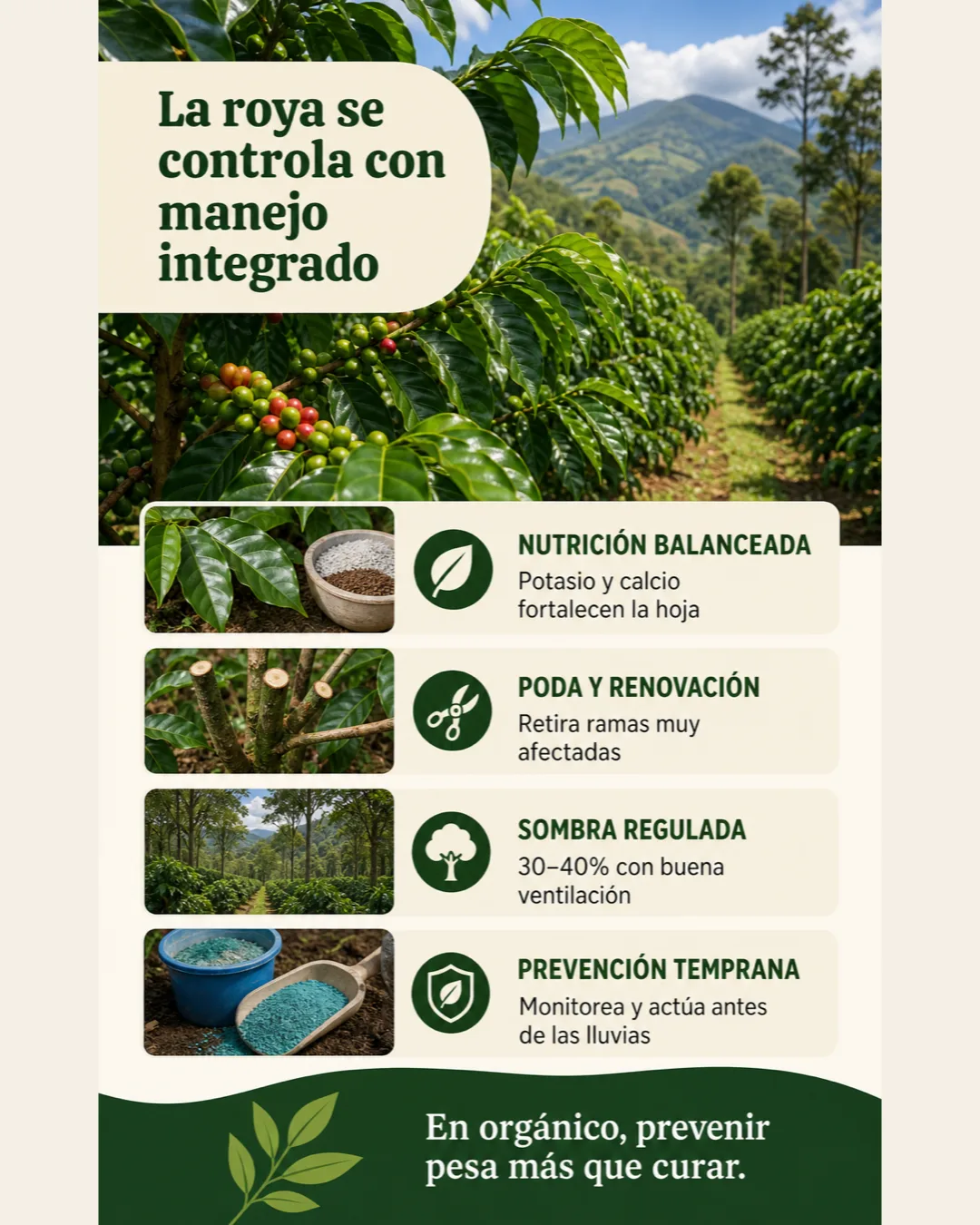 Manejo integrado de la roya mediante nutrición balanceada, poda y renovación, sombra regulada y prevención temprana