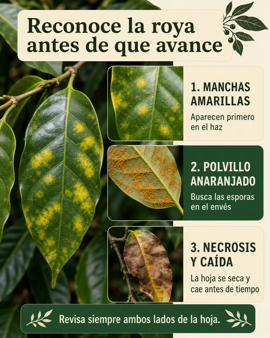 Tres etapas para reconocer la roya amarilla del café: manchas amarillas en el haz, polvillo anaranjado en el envés y necrosis con caída prematura
